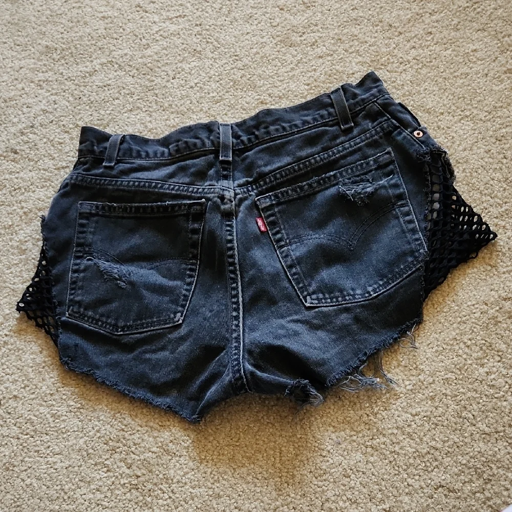 Furst of a Kind Reworked Levi's Dark Denim Distressed Shorts Mesh Sides Sz M